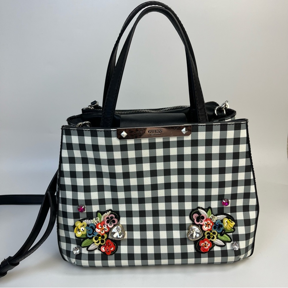 Guess • Black and White Gingham Floral Bag